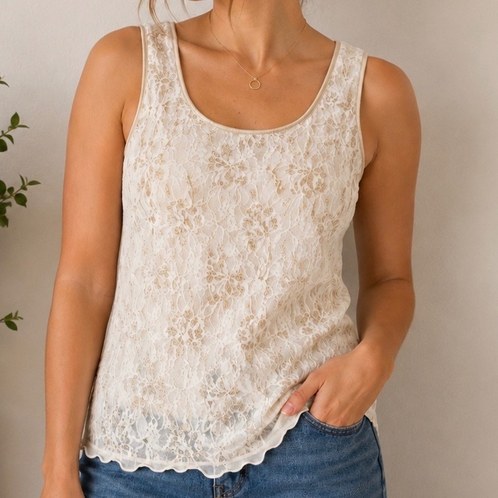 Cato Woman Ivory Gold Floral Lace Tank Top‎ Women's 14/16W Shimmer Overlay